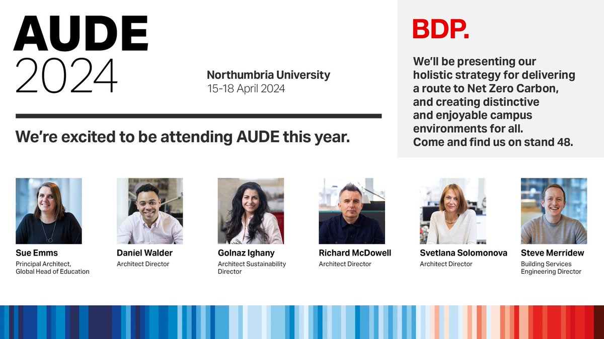 Kicking off on Monday 15 April, this year's @AUDE_news conference will see BDP higher education experts present their holistic strategy for delivering a route to #NetZeroCarbon while cultivating a campus environment that's distinctive and fosters enjoyment for all. #AUDE24