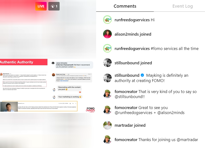 great to see people tuning in live onto my #FOMOCreator show live on Instagram. Hope you find my chat with @anferneec useful @AlisonBlackler @stillsunbound @runfreedogs @martradar #FOMO #authenticmarketer