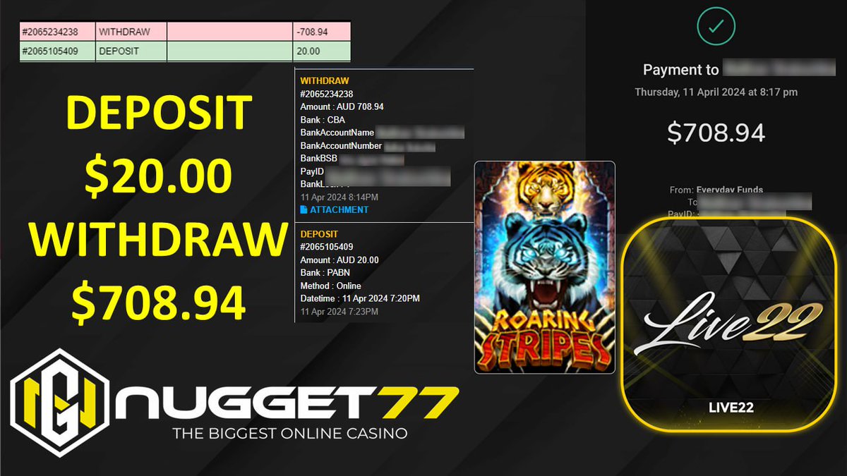 🇦🇺NUGGET77🇦🇺
AUSTRALIA TRUSTED ONLINE CASINO 
📣📣Congratulations📣📣
🌐 nugget77.com/RF166813127
⚠️Platform: LIVE22 ⚠️
⛏Game : ROARING STRIPES⛏
📌Deposit : $20.00
📌Withdraw : $708.94

#crowncasinomelbourne #TheList #BIGWIN #OnlineCasino #slotgames #casinoslots