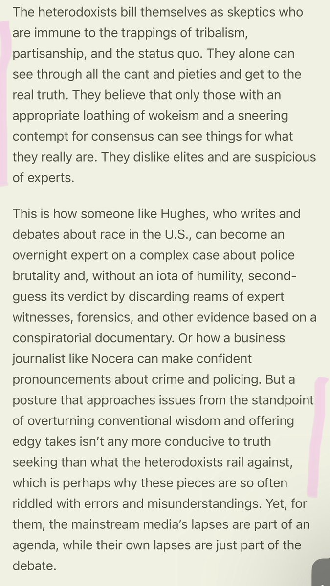 “But a posture that approaches issues from the standpoint of overturning conventional wisdom [..] isn’t any more conducive to truth seeking than what the heterodoxists rail against, which is perhaps why these pieces are so often riddled with errors and misunderstandings.”