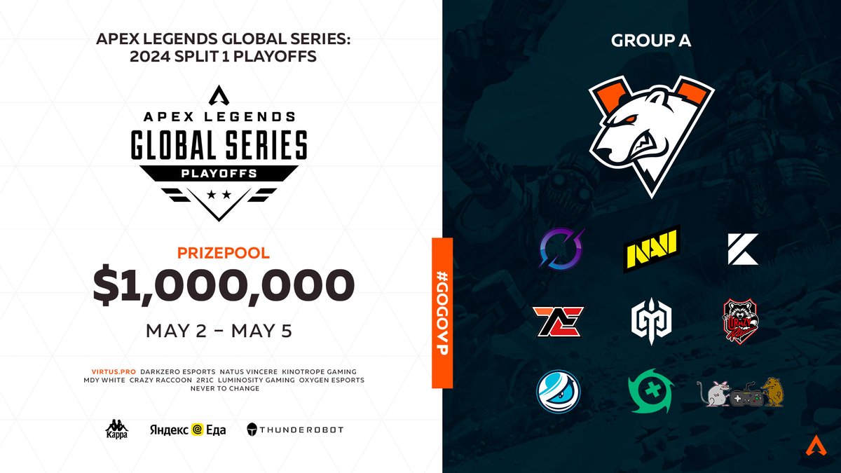 Pack your bags, folks! We're flying out to Los Angeles in May 😎 Our Apex Legends roster will kick off their performance at the ALGS: 2024 Split 1 Playoffs starting from the group stage 💪 The top 20 teams will advance to the finals, battling it out for a $ 1 million prize pool…