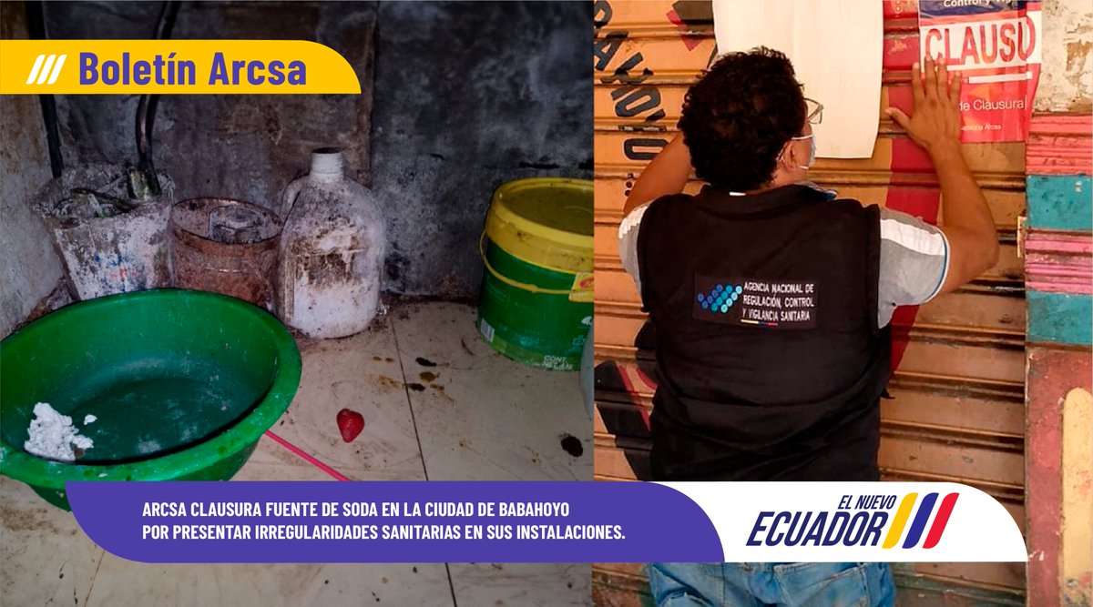 Un 'soda-bar' de #Babahoyo fue clausurado por nuestros técnicos, luego de que en una inspección se detectó falta de higiene e irregularidades sanitarias en sus espacios y cocinas. 🔎❌ Boletín en ➡️ bit.ly/ClauBaba 👈🏽 #ArcsaControla ✅ #ElNuevoEcuador 🇪🇨