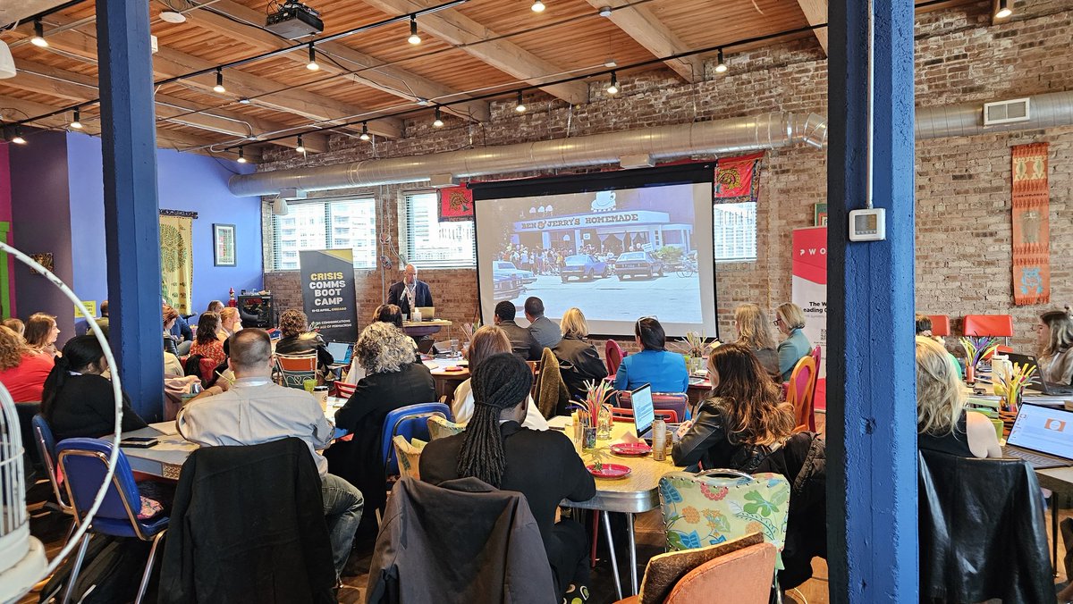 At the Crisis Comms Boot Camp in Chicago with a full house! 🌟 Sean Greenwood from Ben &amp; Jerry's is keynoting on political and societal stances in PR. Excited for insightful discussions! #CCBC