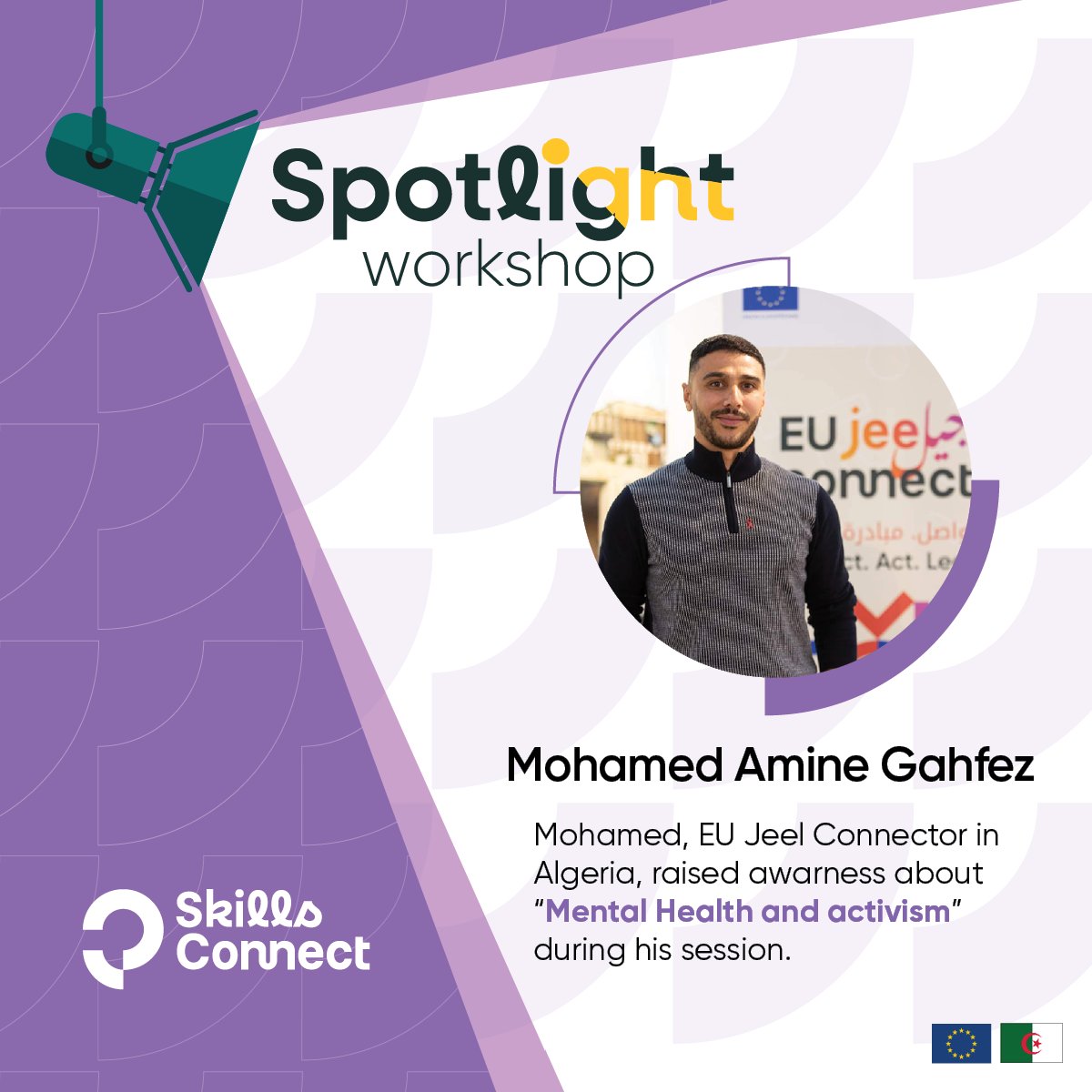 Algeria 🇩🇿 enters the #SkillsConnect sessions with full power thanks to the talented EU Jeel Connectors Ahmed Djeghri and Mohamed Amine Gahfez who gave insightful sessions from life optimisation to mental health & activism. More #EUJeelConnect activities👉south.euneighbours.eu/news/?eu_jeel_…
