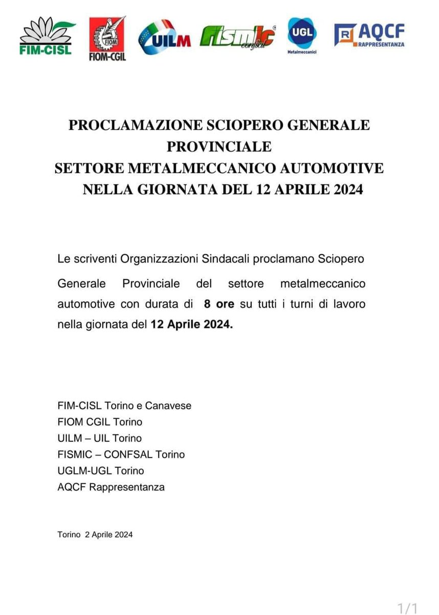 a_melchionno's tweet photo. Sciopero Generale Provinciale di 8 ore
-SETTORE AUTOMOTIVE -
Torino - 12 Aprile 2024-
Ore 9:00 in Pazza Statuto.
@UglMetalm @UGLConf https://t.co/QLZoLrHzec