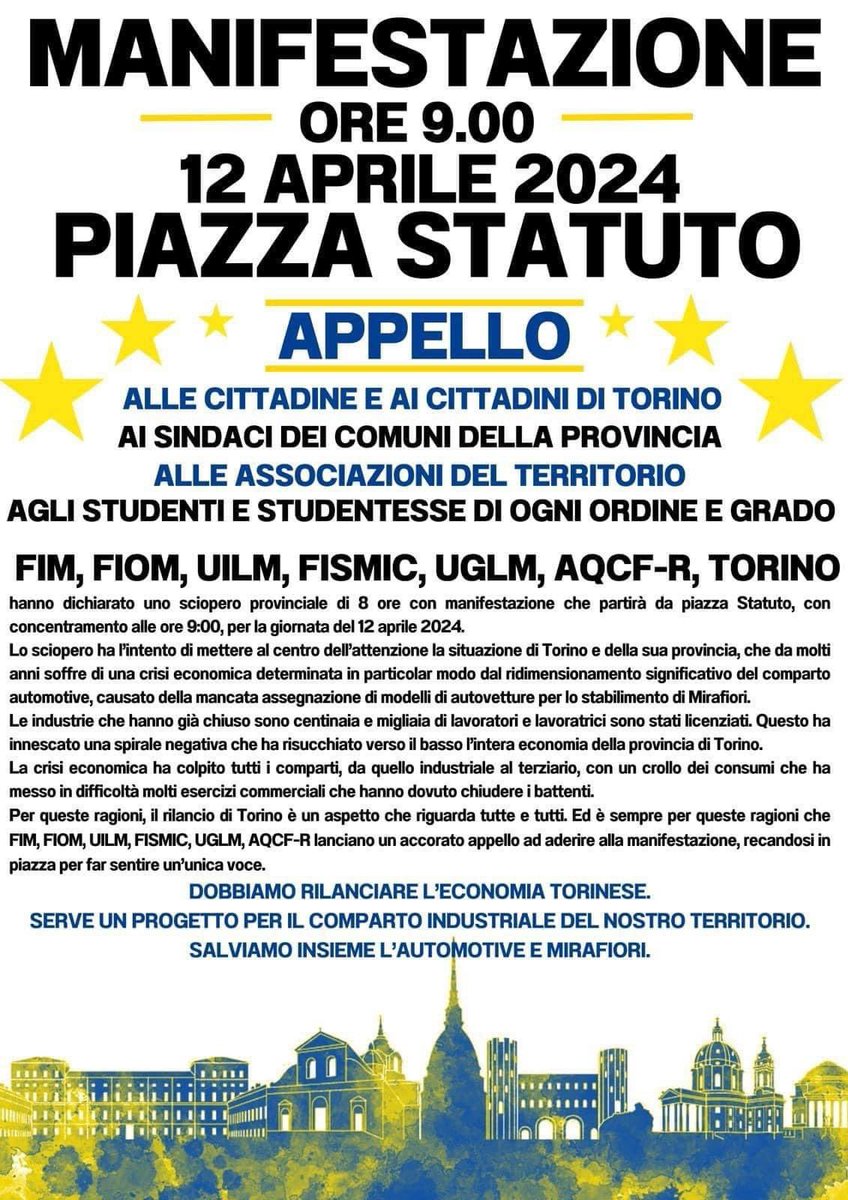 a_melchionno's tweet photo. Sciopero Generale Provinciale di 8 ore
-SETTORE AUTOMOTIVE -
Torino - 12 Aprile 2024-
Ore 9:00 in Pazza Statuto.
@UglMetalm @UGLConf https://t.co/QLZoLrHzec