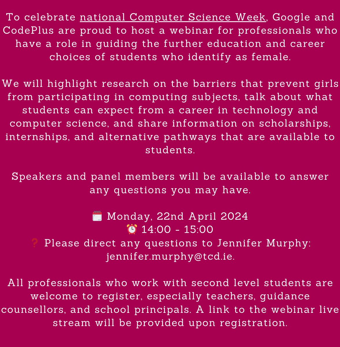 Google and CodePlus are proud to host a webinar for professionals who have a role in guiding the further education and career choices of students who identify as female. Register: forms.gle/JUQiWK7sgMsqHp…… #growwithgoogle #CSweek
@ClaireyCS
@Oide_CompSci