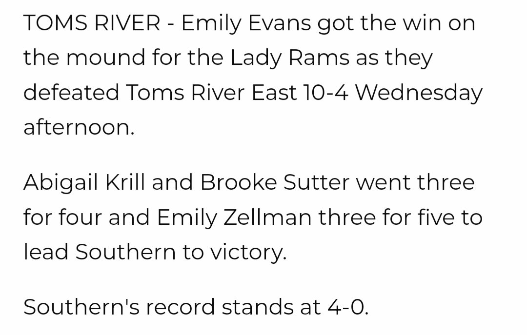 Rammmmmsss are 💥💥🔥!! Big 10-4 win over Toms River East! Homerun from EZ, Em was 💪 in the circle, and Kylie's glove work was like magic. I contributed with a triple, two singles, ✌️ RBI's & ✌️ runs and a few defensive outs! #rollrams @SouthernSB2023 @MaxPreps @ShoreConfSB