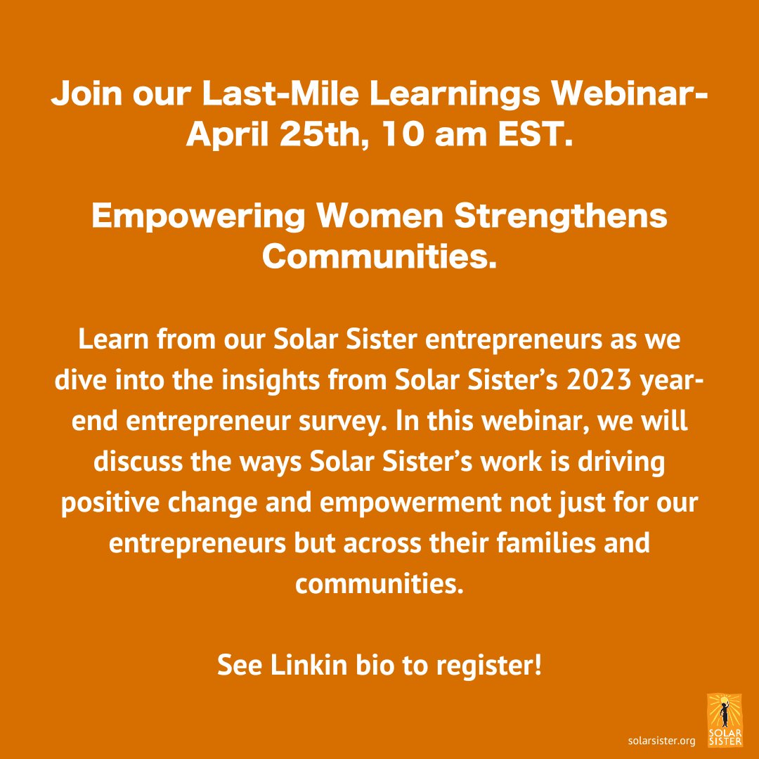 🔥Just launched! 2023 Solar Sister Entrepreneur Insights!
Join our Last-Mile Learnings Webinar- on April 25th, 10 am EST.
tinyurl.com/47ukwj2e
Empowering Women Strengthens Communities.
Link to the report: solarsister.org/2023-entrepren…
#genderequity #climateaction #energyaccess