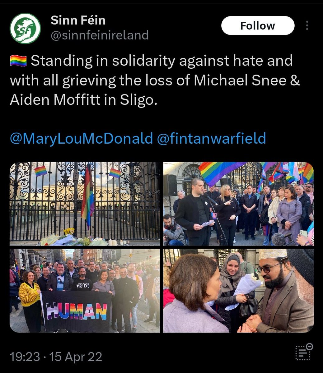 Following the Sligo murders, Sinn Féin leader Marylou McDonald gathered with Al Qadri for a photo op / vigil. 

Irish men were slaughtered by a muslim refugee during Ramadan, and instead of calling it out, Sinn Féin used it as an opportunity to embrace Islam.