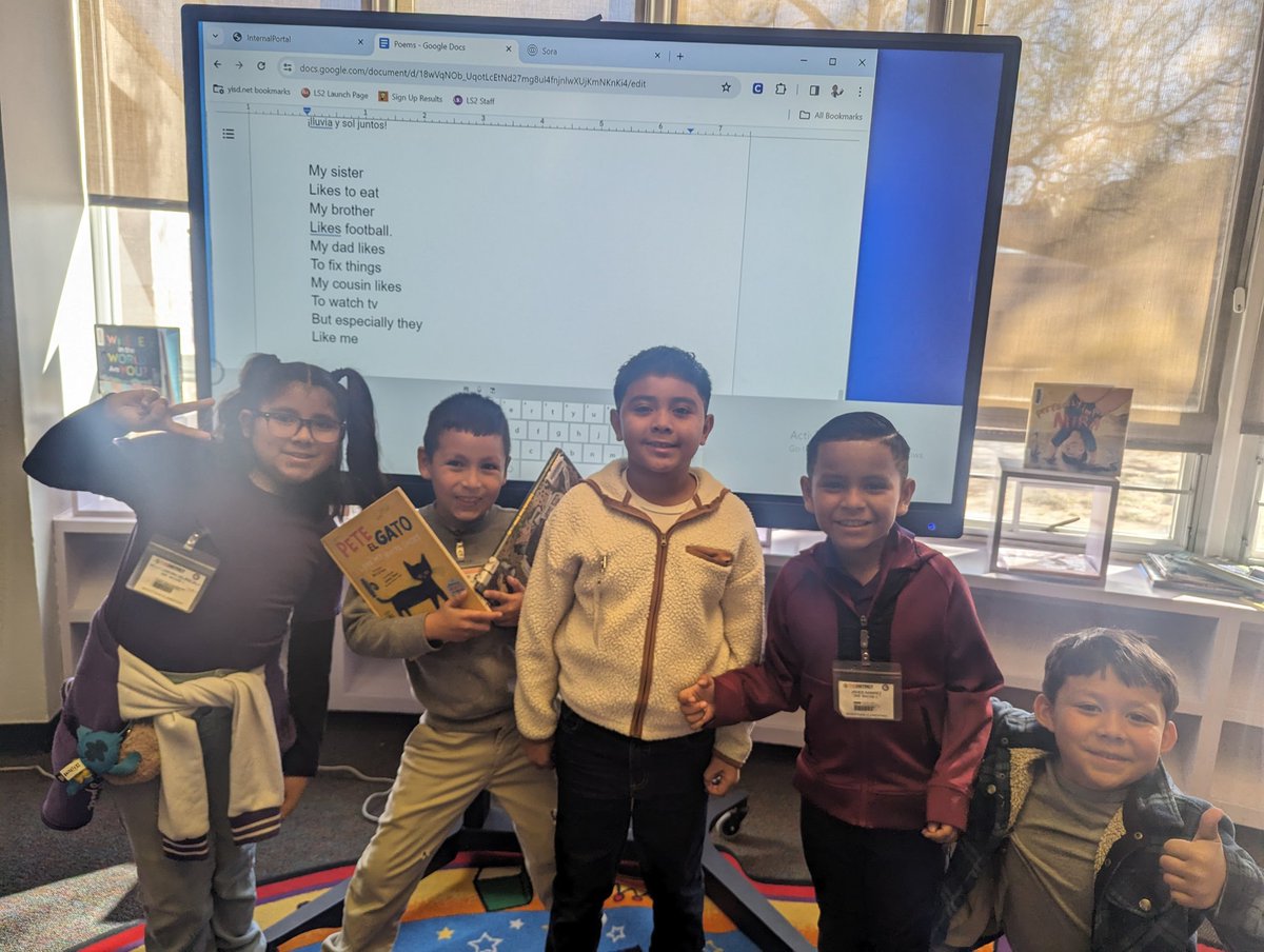 Rough draft we worked on with Ms. Macias' class for Poetry Month: My sister likes to eat My brother likes football My dad likes to fix things my cousin likes to watch TV But especially they like me @YISDLibServices