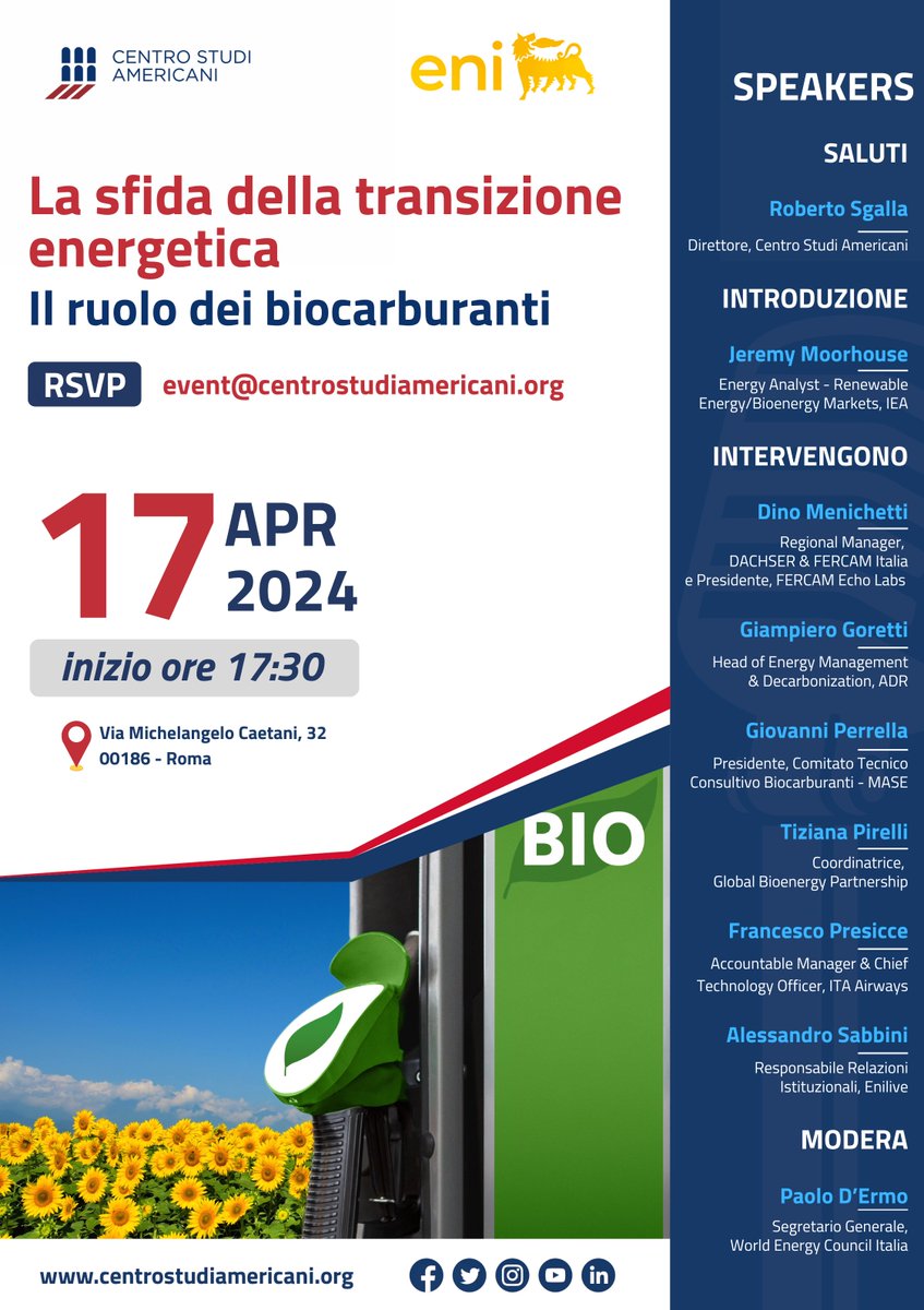 🗓️Vi aspettiamo mercoledì 17 aprile alle 17:30 per l'evento: La sfida della transizione energetica. Il ruolo dei biocarburanti @J__Moorhouse @IEA @PirelliTiziana @a_sabbini Modera🎙️@PaoloDErmo @WEC_Italia Per partecipare📩 event@centrostudiamericani.org