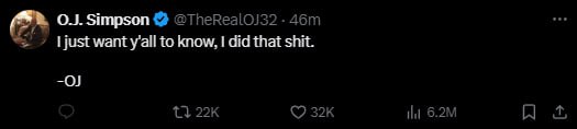 🚨BREAKING🚨

OJ Simpson's final tweet before dying.

His family has since deleted it.