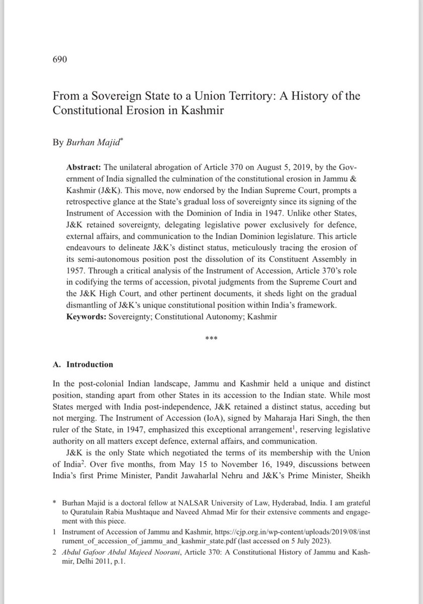 Chuffed to share that my paper on the constitutional erosion in Kashmir is out in @WCL_VRU (December 2023 Special Issue) as part of the journal’s Symposium on “Kashmir, Minority Rights and Indian Constitutionalism”. Link to the article here shorturl.at/lovY4