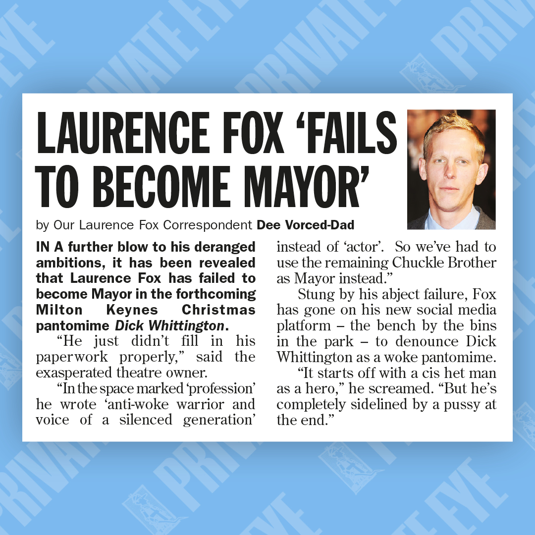 From our Laurence Fox Correspondent, Dee Vorced-Dad New Private Eye out now!