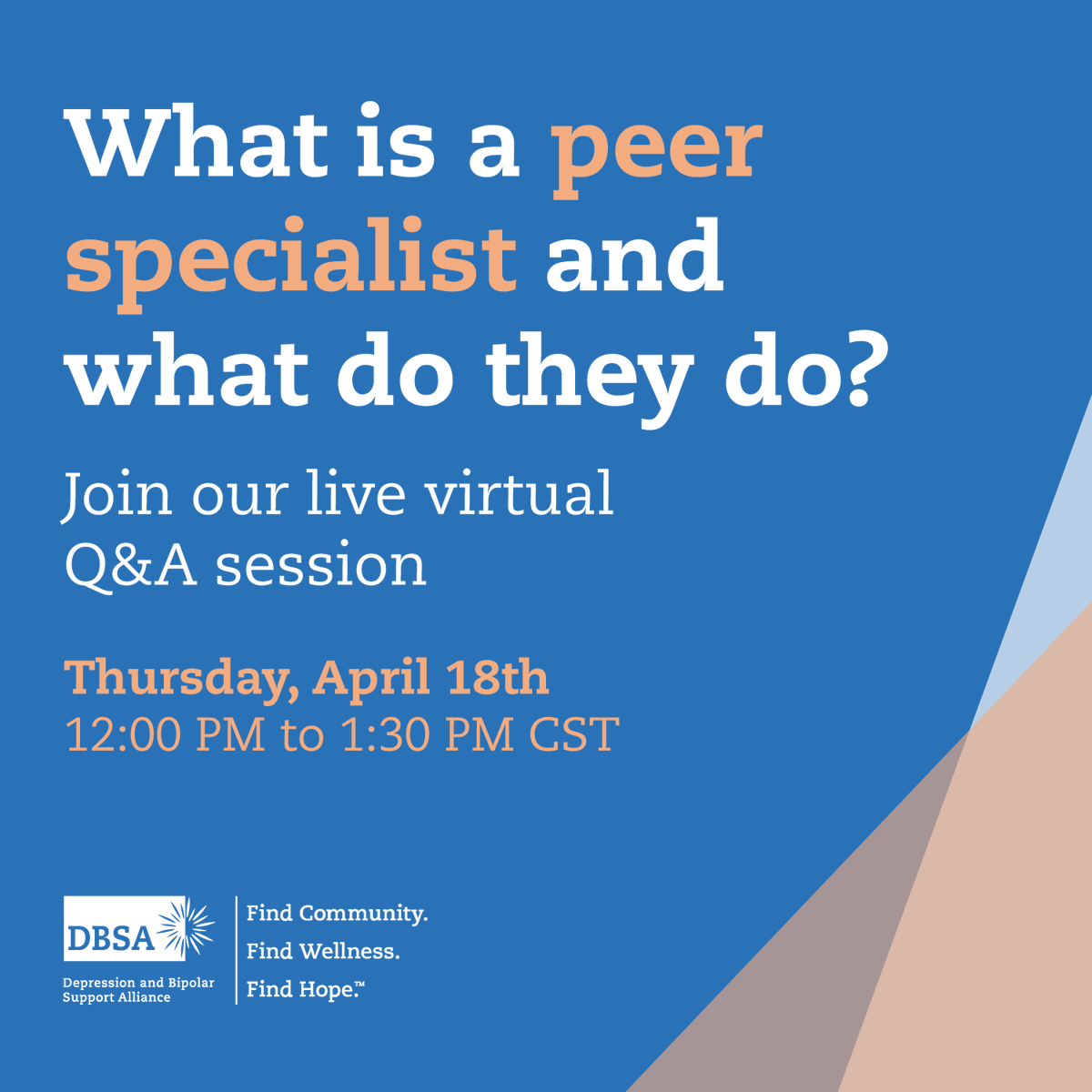 Do you have questions about Peer Specialists or DBSA's Peer Specialist Training❓Join Douglas Hulst CPRS-IL, DBSA Peer Recovery Workforce Development Senior Program Manager for a live virtual Q&A session. Register here: bit.ly/48YWgWd