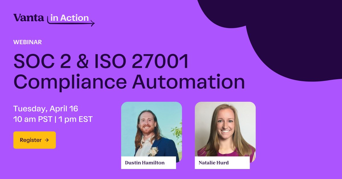 Join our live product demo on April 16th at 10 am PST | 1 pm EST to see how Vanta automates up to 90% of the work for security and privacy frameworks, and how you can move towards a state of continuous compliance. ow.ly/3ezF50R7GxV