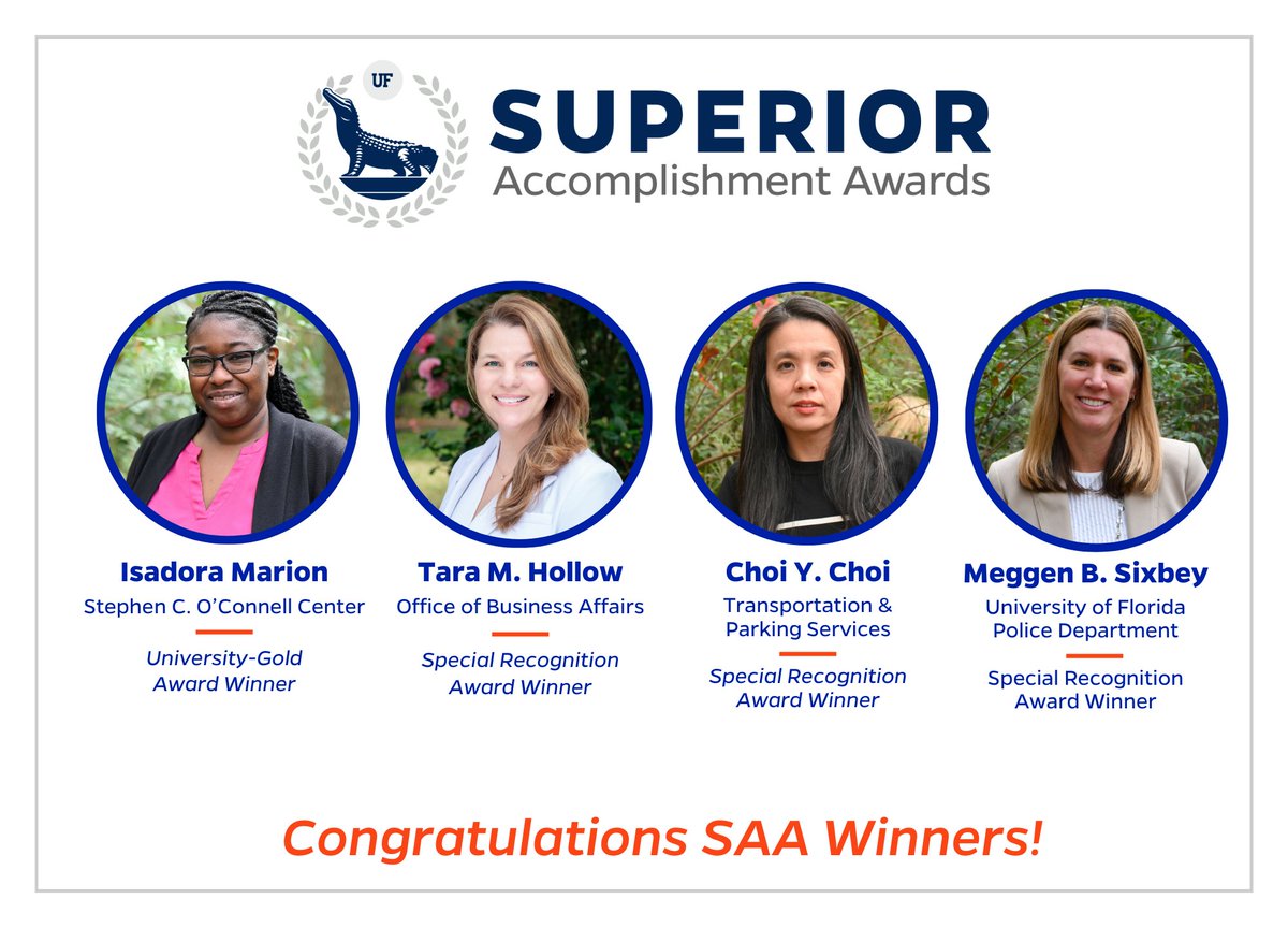 Congratulations to the four Business Affairs staff members who received a @UF Superior Accomplishment Award yesterday! This recognition is a testament to your dedication and meritorious service, and we couldn’t be prouder to have you on our team. tinyurl.com/yak6fps5