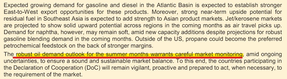 OIL MARKET: Quite a change in tone from OPEC+, flagging the need to 'careful[ly]' monitor the 'robust oil demand outlook for the summer months'. 

OPEC+ next meeting is June 1 in Vienna | #OOTT