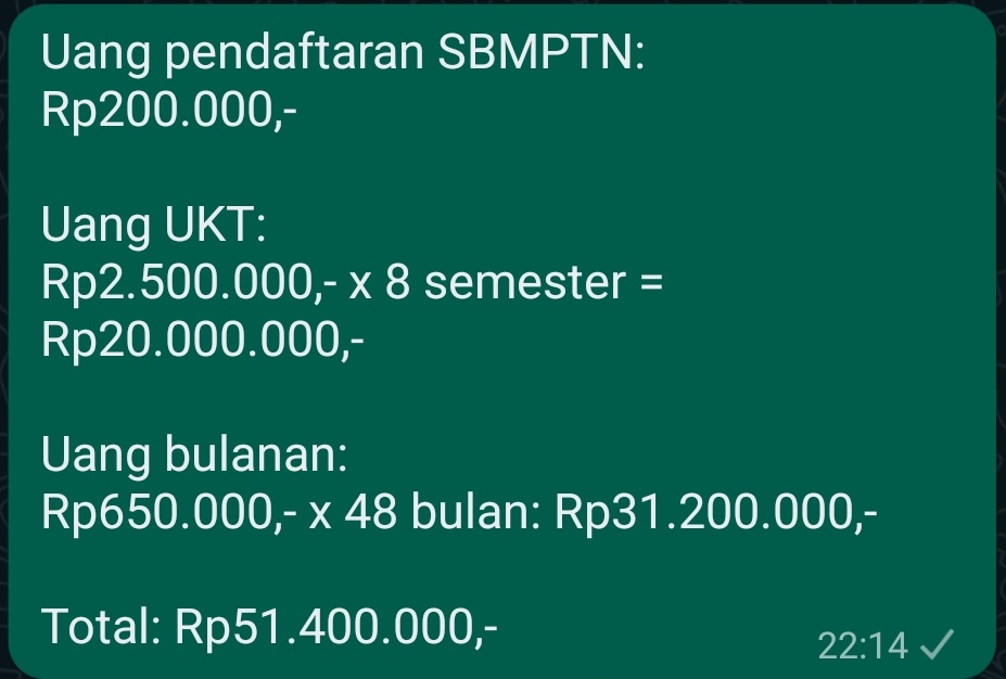 Aku dan temen sekamar asrama pernah ngitungin total uang Bidikmisi yang bikin kami jadi sarjana—untuk mengubah nasib satu keluarga; untuk hidup.

Di tahun itu, jumlahnya kurang dari seratus juta.

Lalu kami nangis besar pas ingat koruptor pakai miliaran cuma buat beli tas.