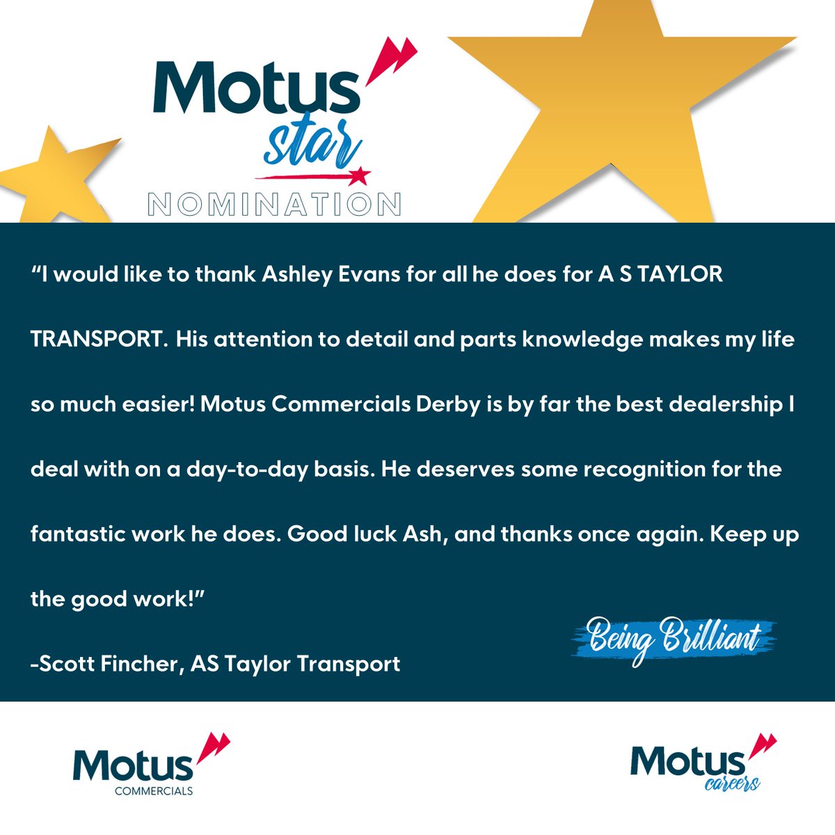 We LOVE to hear feedback like this from customers. 🤩

Ashley is a true asset to the Motus Commercials Derby dealership and we couldn’t be more thankful for his hard work and dedication. A huge well done to you, Ashley! 👏

#MotusStar #MotusPeople #MotusCommercials