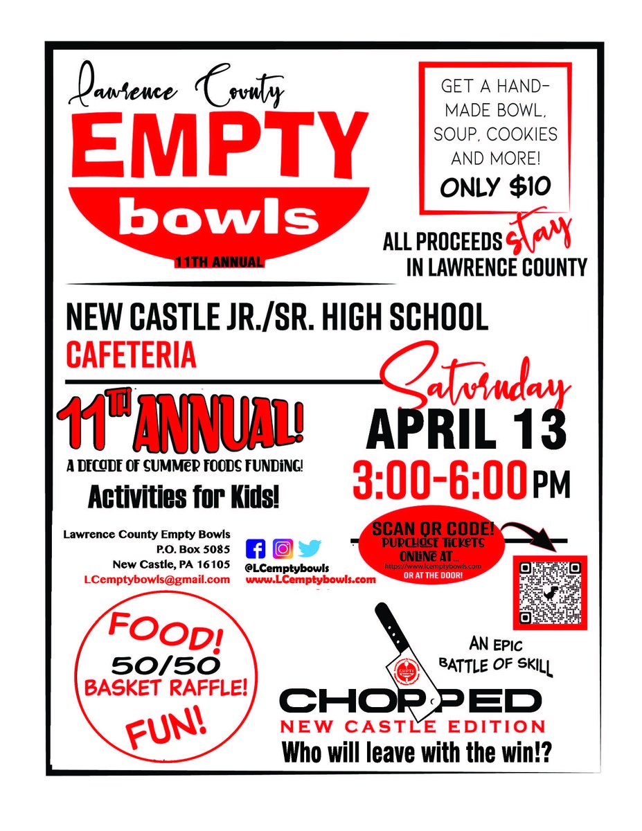 Don't forget to join us tomorrow from 3p-6p at the New Castle Jr./Sr. High School for the 11th Annual Lawrence County Empty Bowls!

#emptybowls #LCCAPHelpsFightFoodInsecurity #LawrenceCountyPA