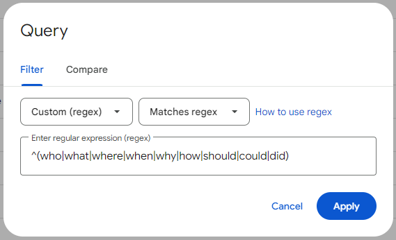 search_yordan's tweet photo. #SEOtip

Use
^(who|what|where|when|why|how|should|could|did)

Regular expression (RegEx) in Google Search Console to identify frequently asked question queries that your website appears for on SERP. https://t.co/FGhV1sMxeH