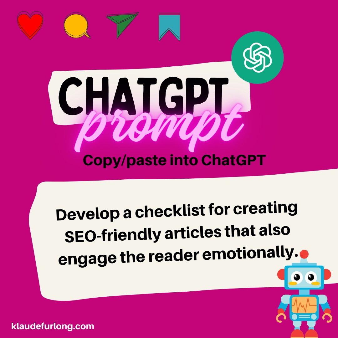 Words that 📍rank & resonate? Yes, please! Grab our #ChatGPTPrompt: SEO ✅ Emotional connection 🌟 Memorable content 💭
Craft articles that touch the mind and the heart! #SEOContent #klaudefurlong #passions2profits #masteringAIentrepreneurship #chatgptprompts #chatgpt4