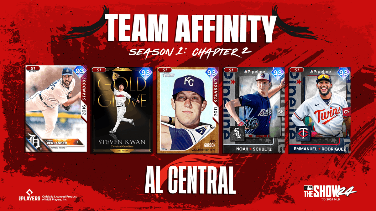 Let's move to the Central Divisions for today's Team Affinity reveals! The AL Central features a little bit of everything. Up-and-comers, a Legend, and some familiar Flashbacks. Earn these and other new 💎s when Chapter 2 drops tomorrow. #MLBTheShow