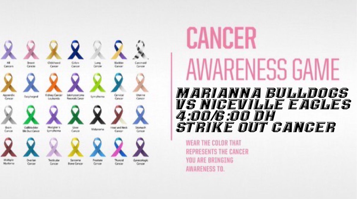 Marianna Bulldogs and Niceville Eagles are teaming up to Strike Out Cancer today at the double header Varsity games at 4:00/6:00. Each player will wear a color that represents the cancer they are bringing awareness to. #LeaveNoDoubt | #AllN | #PTC