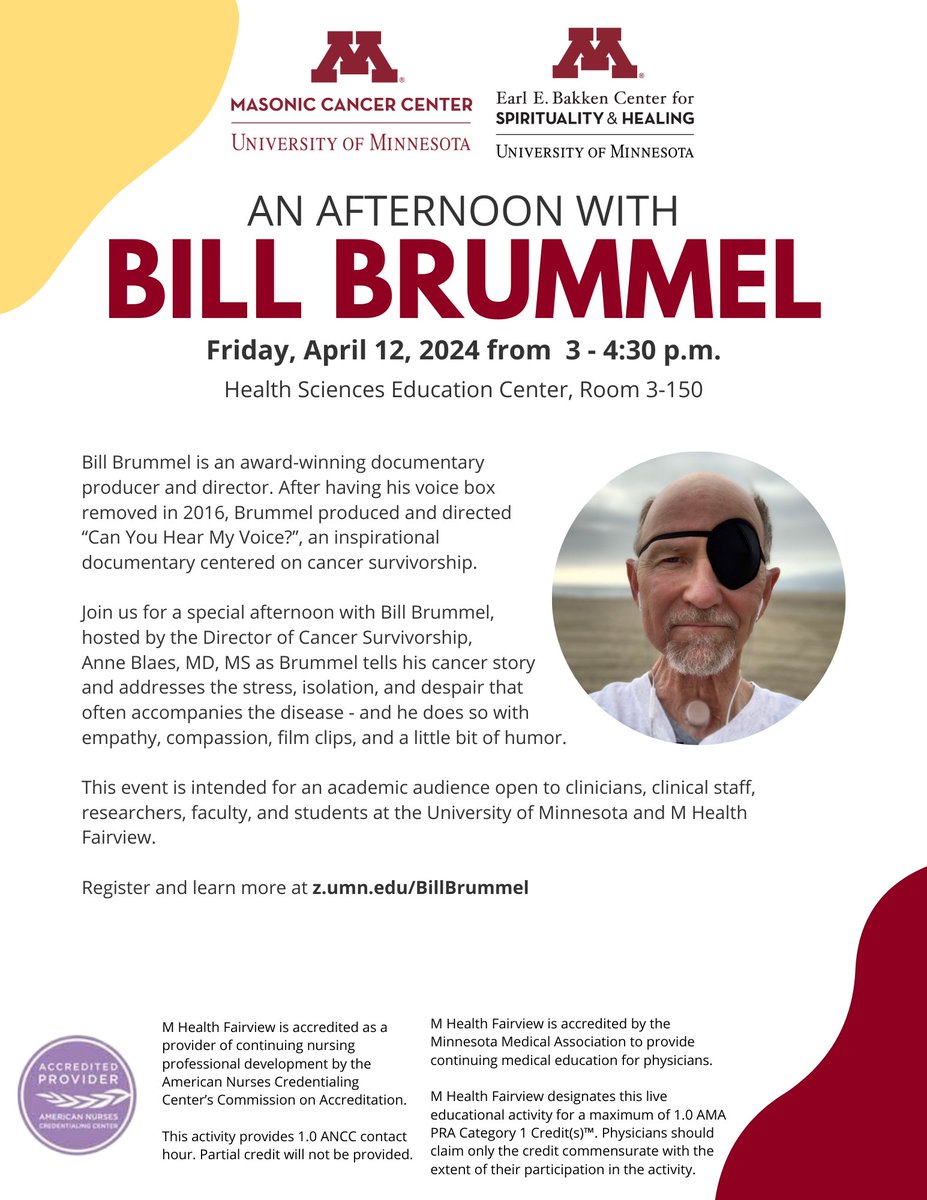 Join us tomorrow, April 12, at 3 pm for 'An Afternoon with Bill Brummel' where Brummel will share his cancer story and addresses the stress, isolation, and despair that often accompanies the disease. Learn more: cancer.umn.edu/events/afterno…