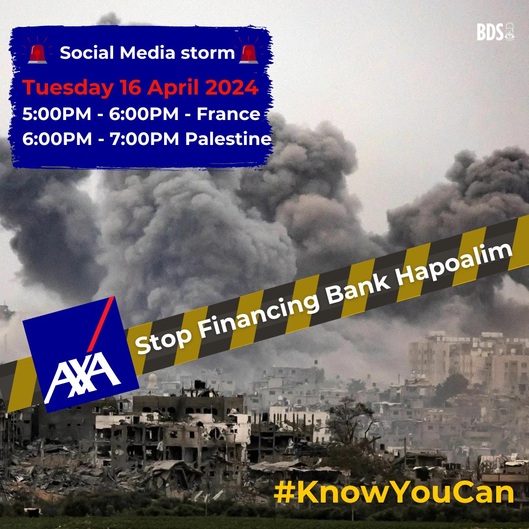 🚨 SOCIAL MEDIA STORM ALERT🚨 In the midst of Israel’s #GazaGenocide against 2.3 million Palestinians in the occupied and besieged Gaza strip, join us to expose @AXA's complicity in supporting Israeli war crimes and crimes against humanity ahead of #AXAAGM24. #AXADivest