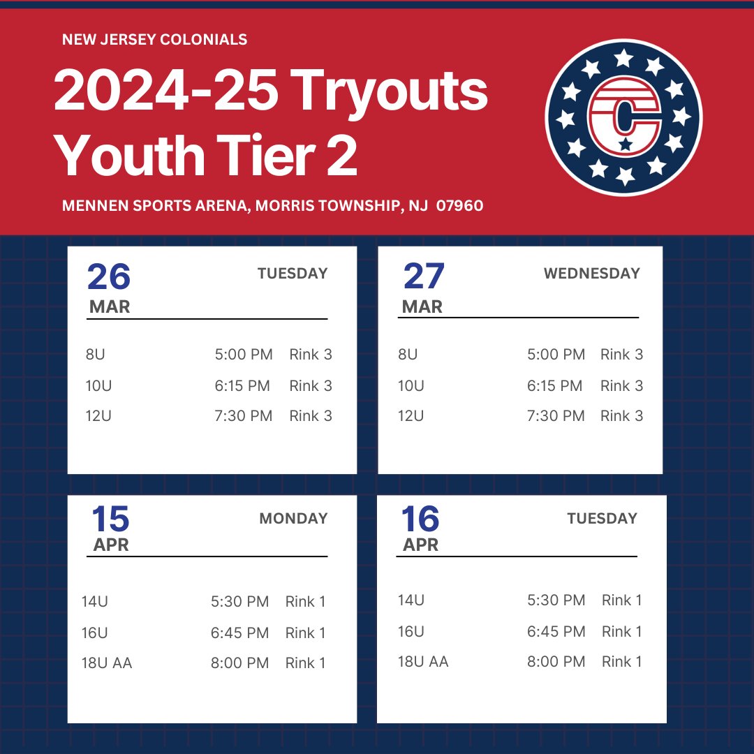 Youth Tier 2 - 14U, 16U and 18U Tryouts begin Monday, April 15, 2024! Check out our head coach lineup. Don't delay, register today: colonialshockey.org. @NJYHL @MidAtlanticHA