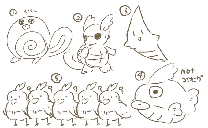 これは本日のワンドロ会終了後にポケモンうろ覚え大会をしたものです

問.①〜⑤までの名前を答えよ 