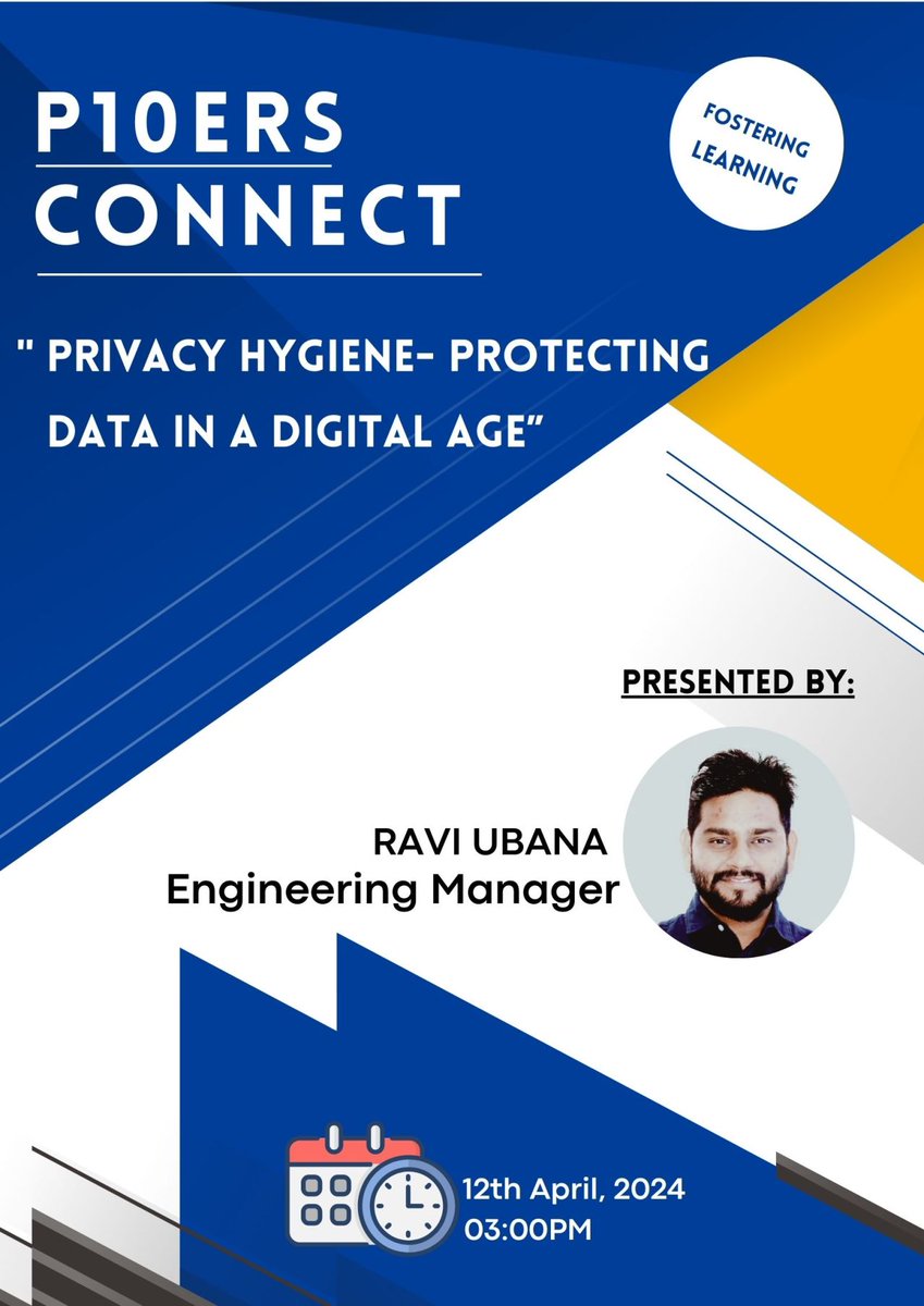 An interactive, powerful & knowledge-packed session from Ravi Ubana on 'Privacy Hygiene- Protecting data in a digital age' will be presented on April 12 2024 at 3.00 p.m. (IST).

#knowledgesharing #knowledgeispower #ideasworthspreading #fun #p10ersconnect