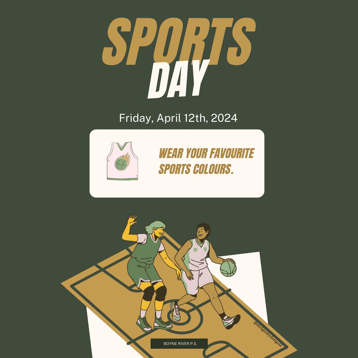 Tomorrow, (Friday, April 12, 2024) our spirit day is sports day where the colours of your favourite sports team <a href="/boyne_river/">Boyne River P.S.</a>