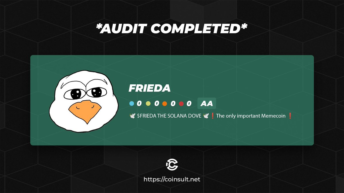 Coinsult - Audits & SAFU (@coinsultaudits) on Twitter photo 🔒AUDIT COMPLETED FOR FRIEDA
🎁GIVEAWAY: $25 (48 hours)
1⃣ Follow <a href="/friedacoin/">frida coin</a> & <a href="/CoinsultAudits/">Coinsult - Audits & Development</a>
2⃣ Like + RT this tweet
3⃣ Place a comment 💬
Go check out the full project page of FRIEDA 👇
coinsult.net/projects/fried…
#giveaway #audit #smartcontract #cryptogiveaway #crypto 🔒AUDIT COMPLETED FOR FRIEDA
🎁GIVEAWAY: $25 (48 hours)
1⃣ Follow <a href="/friedacoin/">frida coin</a> & <a href="/CoinsultAudits/">Coinsult - Audits & Development</a>
2⃣ Like + RT this tweet
3⃣ Place a comment 💬
Go check out the full project page of FRIEDA 👇
coinsult.net/projects/fried…
#giveaway #audit #smartcontract #cryptogiveaway #crypto