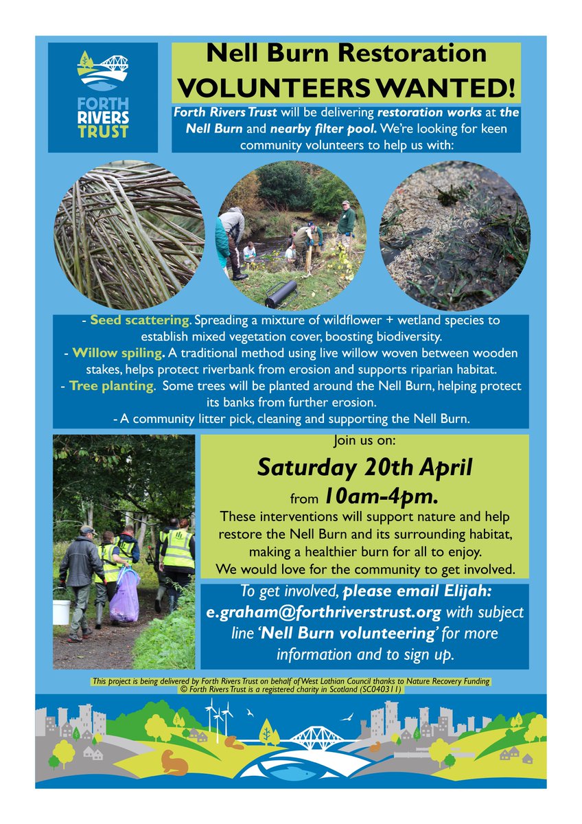 NELL BURN WORKS: NEW DATE! Join us next Saturday 20th of April, from 10am-4pm. There's plenty to get involved with! Keen to help? Email Elijah at e.graham@forthriverstrust.org to sign up + for more information. Funded with thanks to @LoveWestLothian's Nature Recovery Funding.