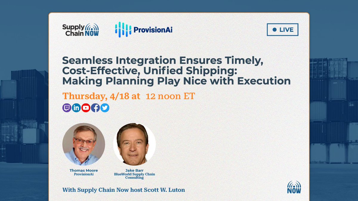 High OTIF, Replenishment Costs Got You Down?
Don't let poor #supplyplanning hold your business back!  Join Supply Chain Now for a FREE LS with industry veterans Jake Barr & Tom Moore as they dissect 'The Unintended Consequences of Supply Planning.'

Reg:bit.ly/3PZbqE9