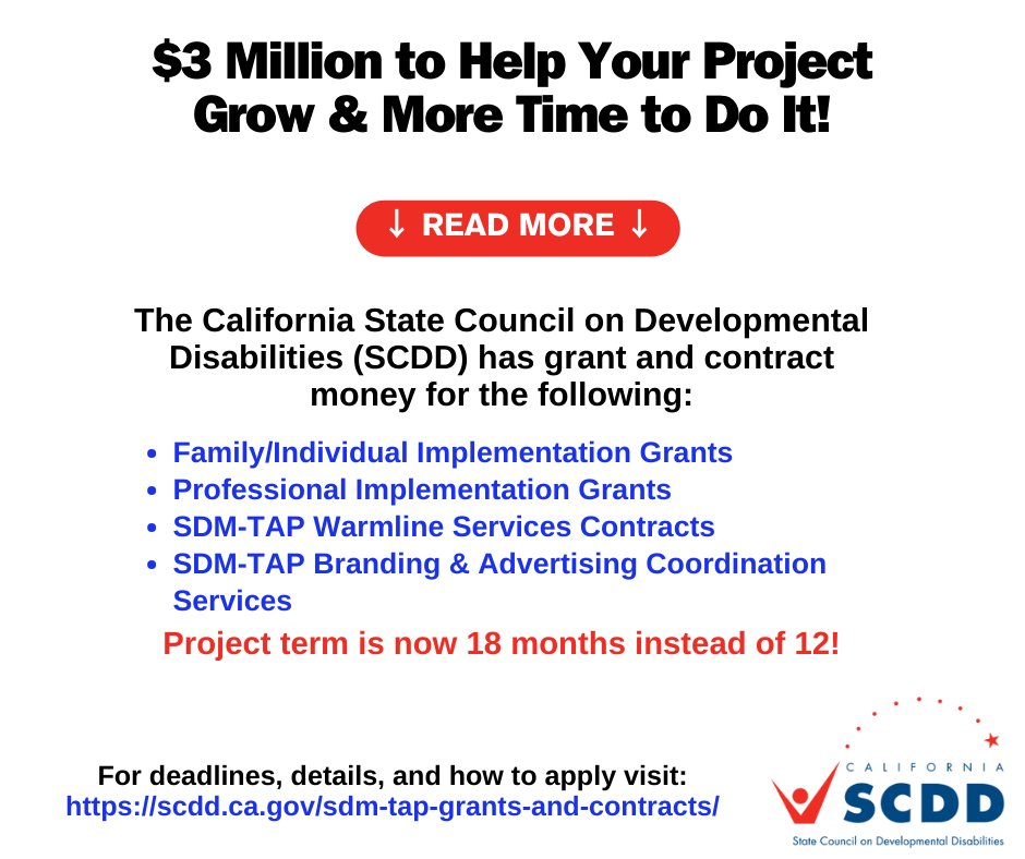 SDM-TAP Grants & Contracts Can Now Be Completed in 18 Mos Instead of 12 Mos! SDM-TAP has extended the project term for the Implementation Grants & the Admin Contracts through 12/31/2025! For details visit: scdd.ca.gov/sdm-tap-grants…