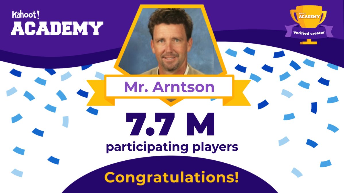 🎉 Today, we celebrate Mr. Arntson for teaching over 7.7 participant players on his verified profile! With 25+ years of experience as an Elementary teacher, Mr. Arntson is one of the amazing creators of our community. 🌟 See Mr. Arntson's profile here: bit.ly/3xC91sp