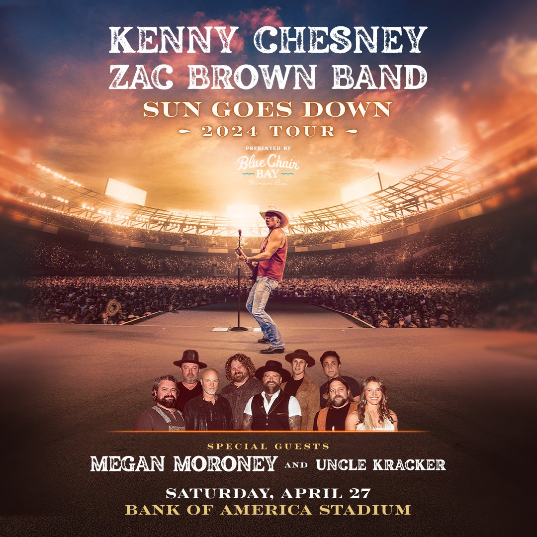 No Shoes Nation, are you ready? @kennychesney's #SunGoesDownTour is coming to Bank of America Stadium on April 27th. ☀️ Kick off your summer concert plans with Kenny, @zacbrownband, @_megmoroney, and @unclekracker. Tickets: ticketmaster.com/event/2D005F50…