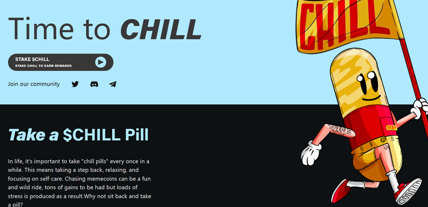 Web3insights77's tweet photo. 4⃣、$Chill—ChillPill（定心丸），是一个药丸形象的meme，是去年12月发行。该项目意思是炒meme币暴涨暴跌压力很大，需要服用定心丸（chill）

$Chill合约地址：0xe47d957F83F8887063150AaF7187411351643392
购买平台：equalizer
市值：86万美元
价格：0.00000000086美元 https://t.co/2ZR6A5B9zJ
