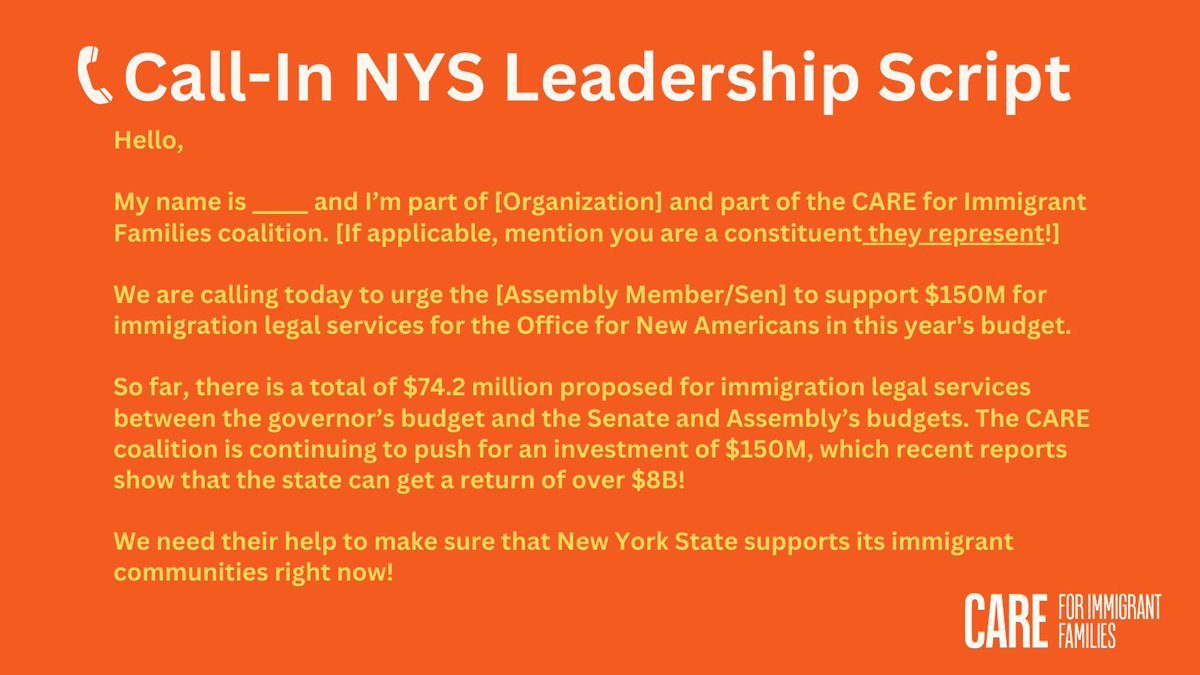 🚨URGENT: Join the #CARE4IF coalition in demanding support for the #AccessToRepresentationAct in our state budget! We need your help: Call #NY legislative leaders to demand $150M investment in the final NYS Budget! ☎️@AndreaSCousins: 518-455-2585 ☎️@CarlHeastie: 518-455-3791