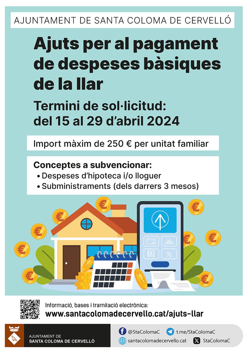 🔴 L'Ajuntament obre la convocatòria d'ajuts adreçats a persones amb nivells de renda baixos per al pagament de despeses bàsiques de la llar. 📌 El termini per a sol·licitar les ajudes comença el 15 d'abril i finalitza el 29 del mateix mes. ℹ️santacolomadecervello.cat/ajuts-llar #AjutsLlar