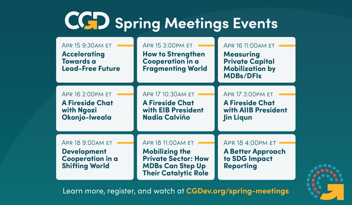 The @IMFNews and @WorldBank #SpringMeetings 🌸 are just around the corner! On the margins of this year's meetings, @CGDev is hosting important discussions with leading #globaldev experts, policymakers, + more. 

Join us in person or tune in virtually 👇
bit.ly/3xtsrj6
