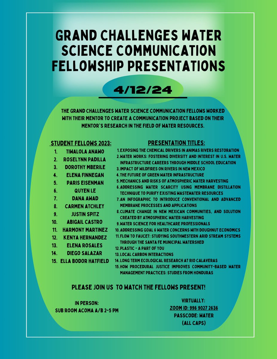 Tomorrow 15 undergraduate <a href="/UNM/">Univ. of New Mexico</a> students will present their water science communication projects. Join us to watch the fellows present dioramas, podcasts, infographics and more! 
#scicomm