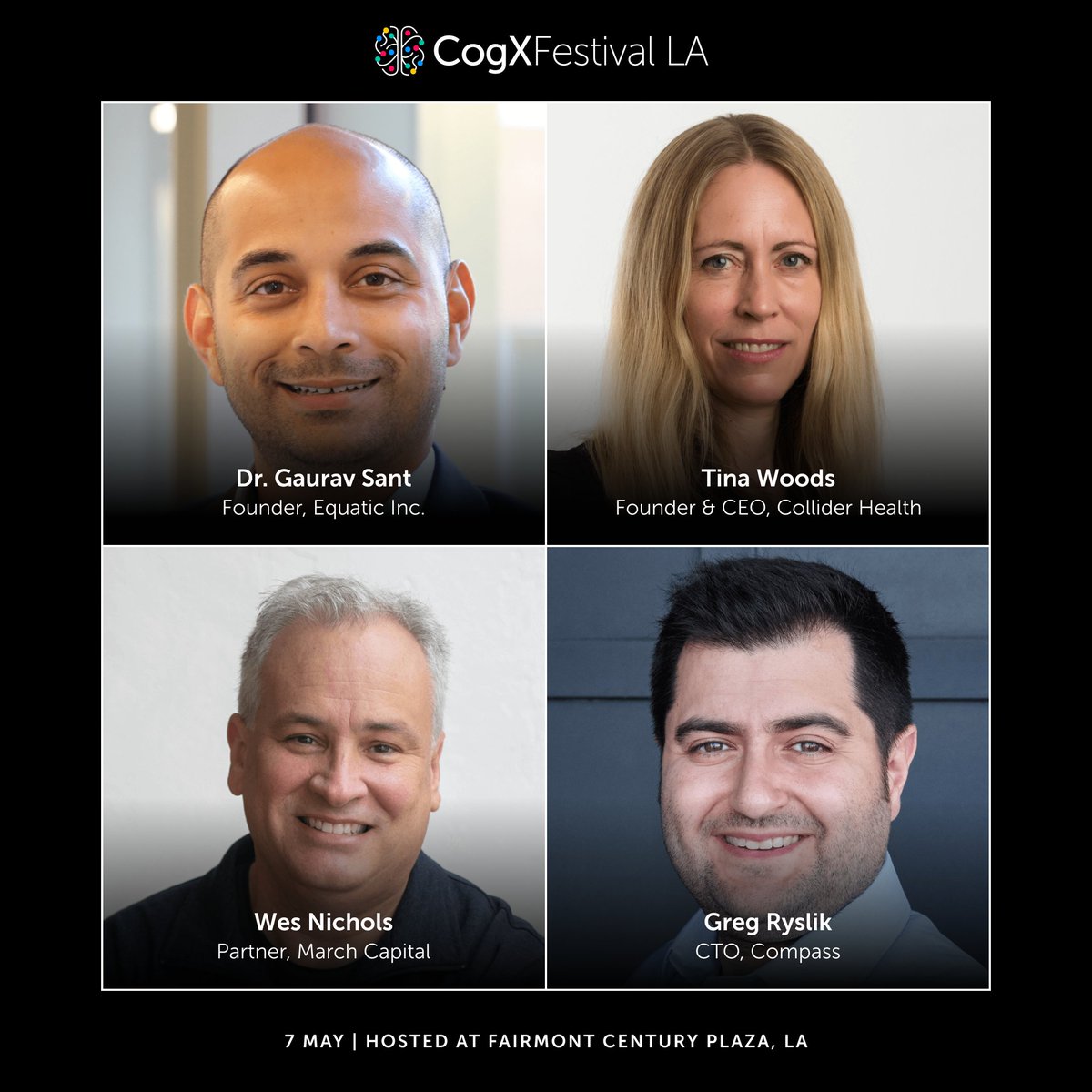 (1/2) New #CogXFestivalUSA speakers! Welcome Dr. Gaurav Sant, professor of sustainability, @TinaWoods, social entrepreneur & system architect, @wesnichols, tech entrepreneur & investor, and Greg Ryslik, data scientist & AI researcher. We look forward to hearing your insights.