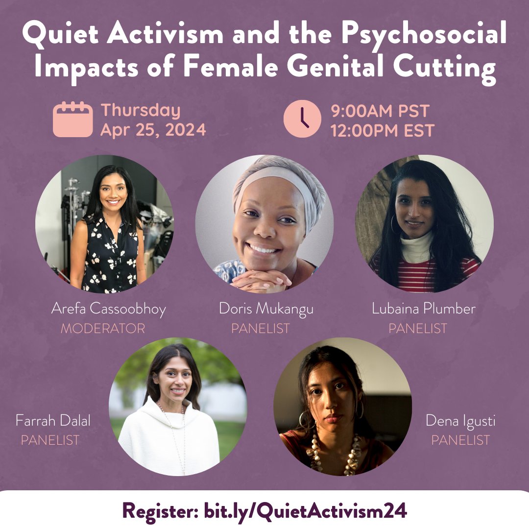 Join us and our guest speakers on April 25 at 9AM PST /12PM EST for our webinar. Explore how quiet forms of activism, such as advocating for change within families can shape the psychosocial landscape surrounding female genital cutting(FGC).   👉Register: bit.ly/QuietActivism24