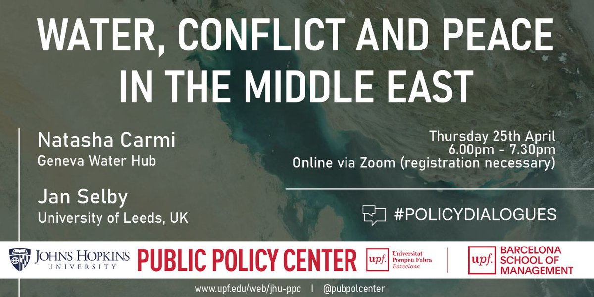 📣 Registration is now available for the next Policy Dialogues! 💧 “Water, Conflict and Peace in the Middle East” With Natasha Carmi and @jan_selby  Thursday 25th April at 6pm CET Sign up now! 👉 bit.ly/3VW3tU2